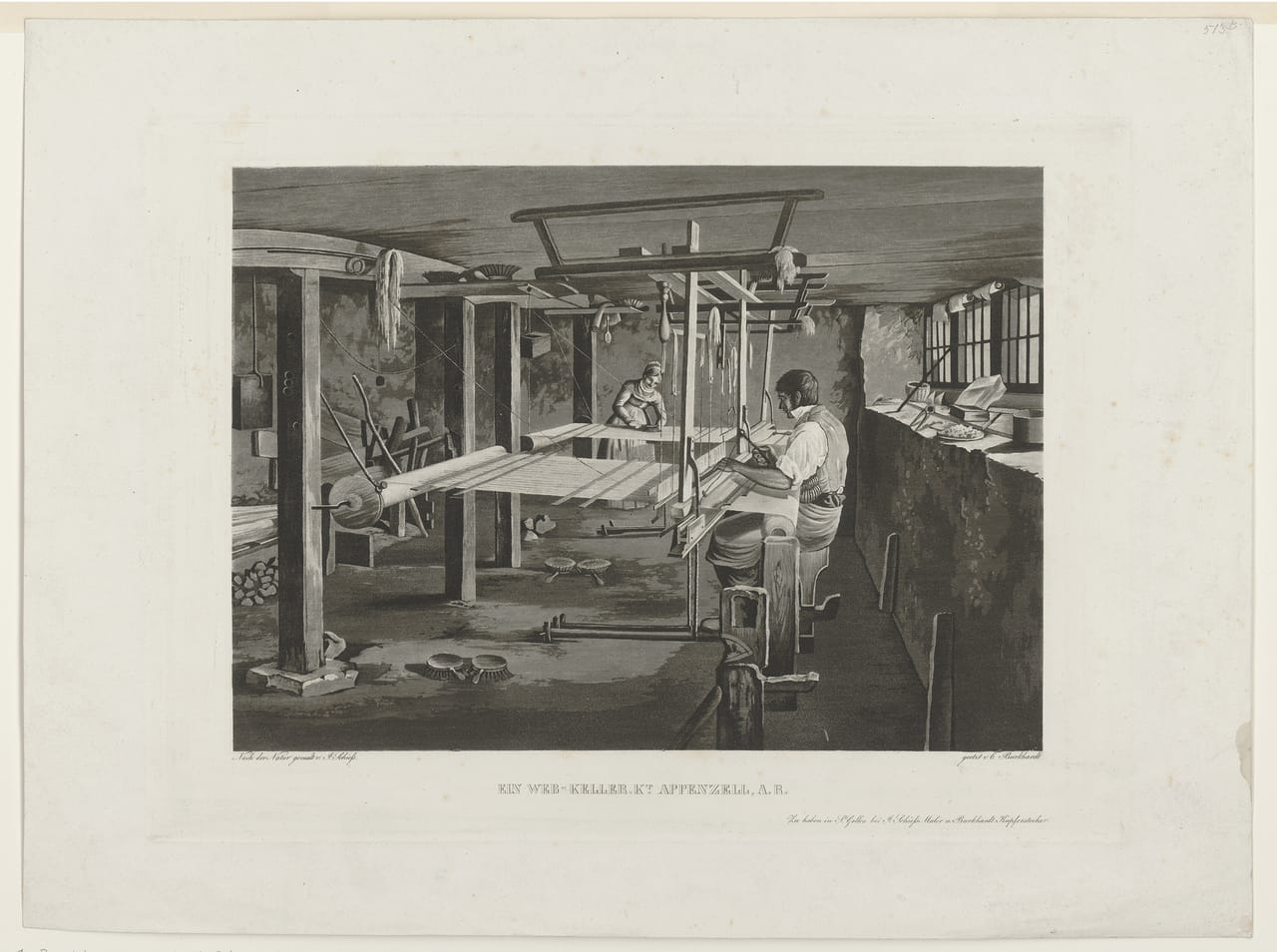 Interior of a 19th-century weaving workshop in Appenzell canton Switzerland, showing multiple floor looms installed side by side with weavers at work on narrow upright frames