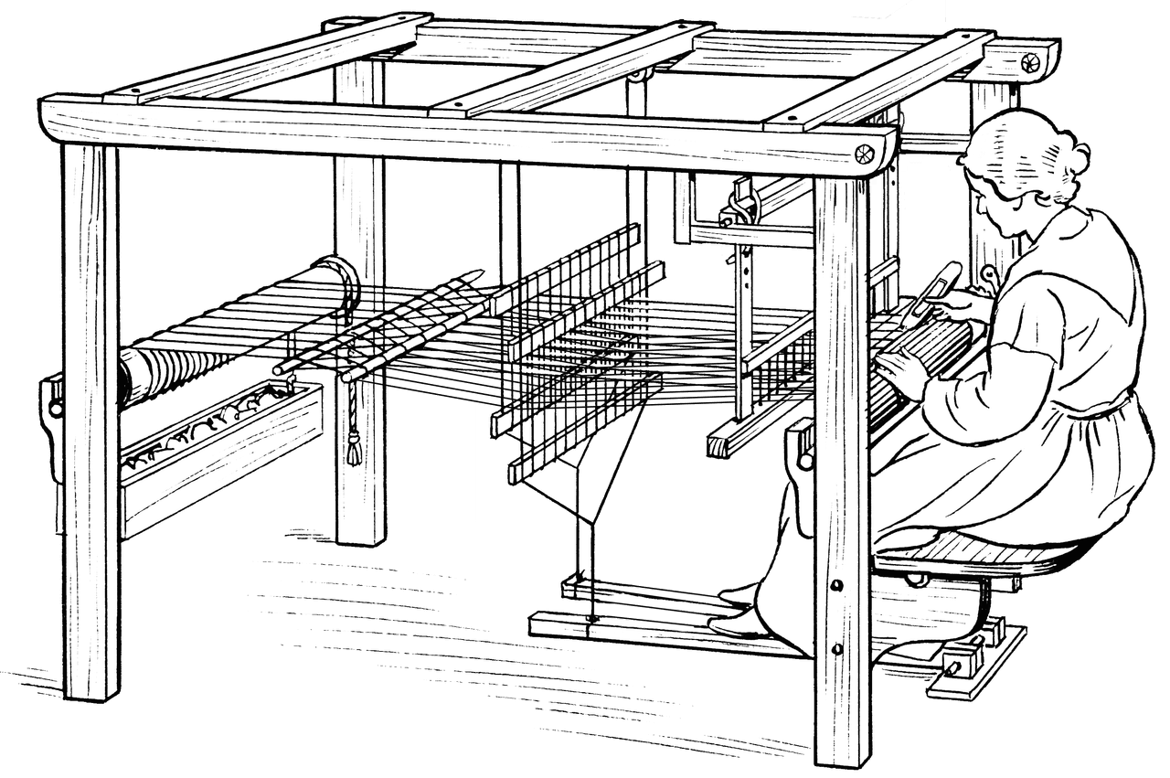 Line drawing diagram of a simple treadle floor loom showing the major structural components including uprights, beater, harnesses, treadles, warp beam, and cloth beam